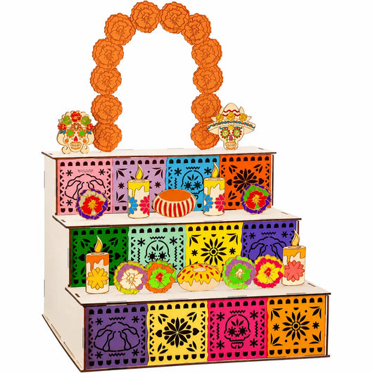 3-Tier Mexican Day of the Dead Wooden Altar Display Set — Indoor Recreation Decoration with Skull, Marigolds, Candle, Papel Picado Pieces for Photo Setup