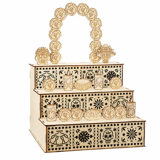 3-Tier Mexican Day of the Dead Wooden Altar Display Set — Indoor Recreation Decoration with Skull, Marigolds, Candle, Papel Picado Pieces for Photo Setup