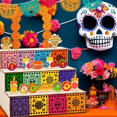 3-Tier Mexican Day of the Dead Wooden Altar Display Set — Indoor Recreation Decoration with Skull, Marigolds, Candle, Papel Picado Pieces for Photo Setup