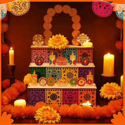 3-Tier Mexican Day of the Dead Wooden Altar Display Set — Indoor Recreation Decoration with Skull, Marigolds, Candle, Papel Picado Pieces for Photo Setup