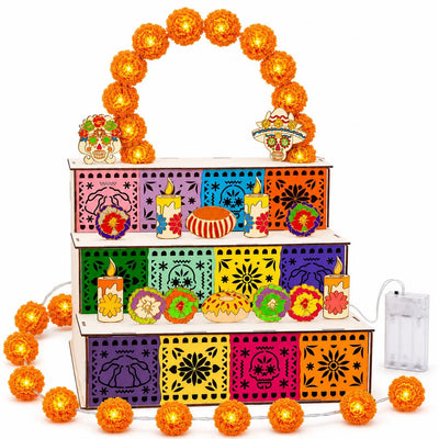 3-Tier Mexican Day of the Dead Wooden Altar Display Set — Indoor Recreation Decoration with Skull, Marigolds, Candle, Papel Picado Pieces for Photo Setup