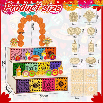 3-Tier Mexican Day of the Dead Wooden Altar Display Set — Indoor Recreation Decoration with Skull, Marigolds, Candle, Papel Picado Pieces for Photo Setup