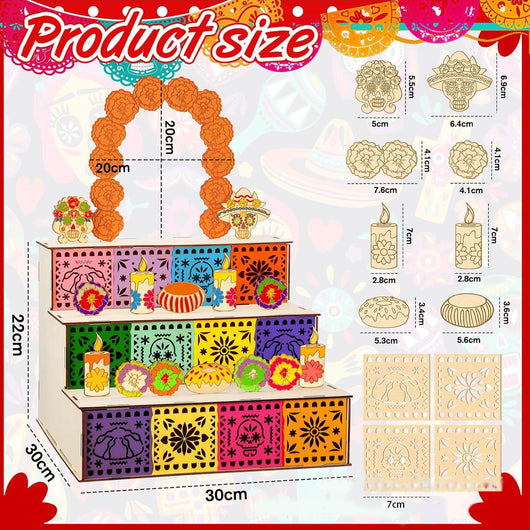3-Tier Mexican Day of the Dead Wooden Altar Display Set — Indoor Recreation Decoration with Skull, Marigolds, Candle, Papel Picado Pieces for Photo Setup