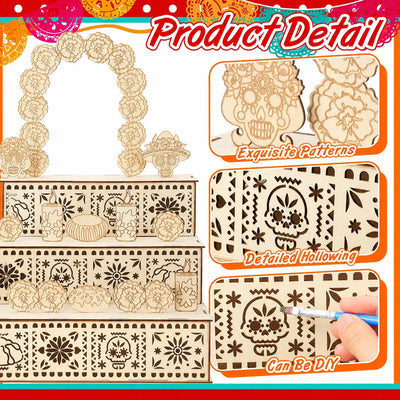 3-Tier Mexican Day of the Dead Wooden Altar Display Set — Indoor Recreation Decoration with Skull, Marigolds, Candle, Papel Picado Pieces for Photo Setup