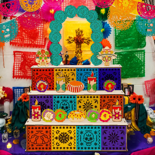 3-Tier Mexican Day of the Dead Wooden Altar Display Set — Indoor Recreation Decoration with Skull, Marigolds, Candle, Papel Picado Pieces for Photo Setup